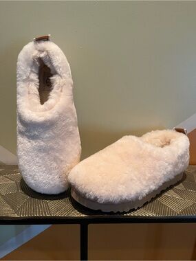 New UGG Plush Shearling Slip-Ons in Soft Cream